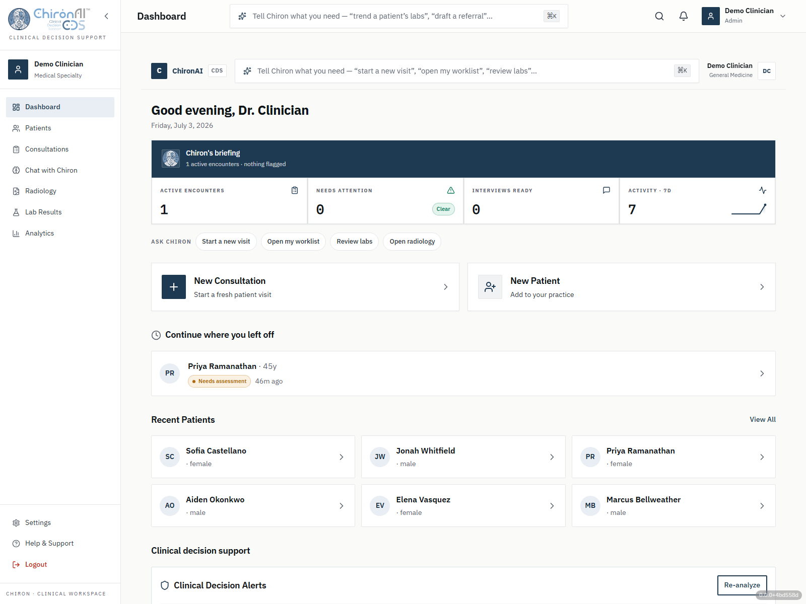 The CDS dashboard — a Chiron-curated clinical cockpit showing who needs attention, what is unsigned, and which studies are waiting to be read.