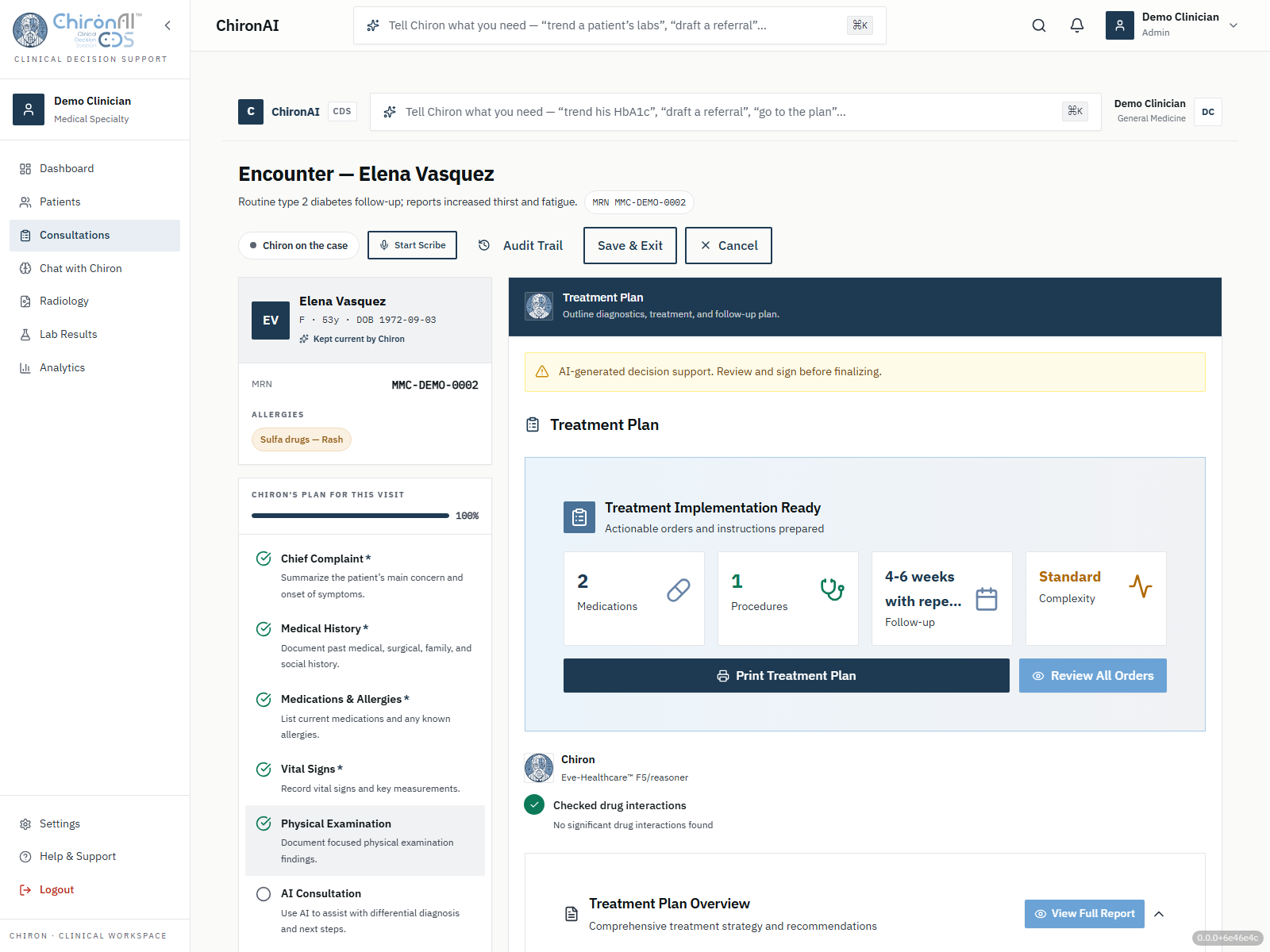 The CDS encounter — Chiron’s command bar, a live agentic plan with visible tool-calls, streaming reasoning, and a draft assessment staged for physician attestation.
