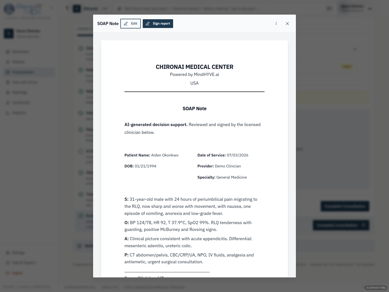 CDS source-grounded documentation — a generated SOAP note where each statement links back to its source field, source value, and source date in the chart.
