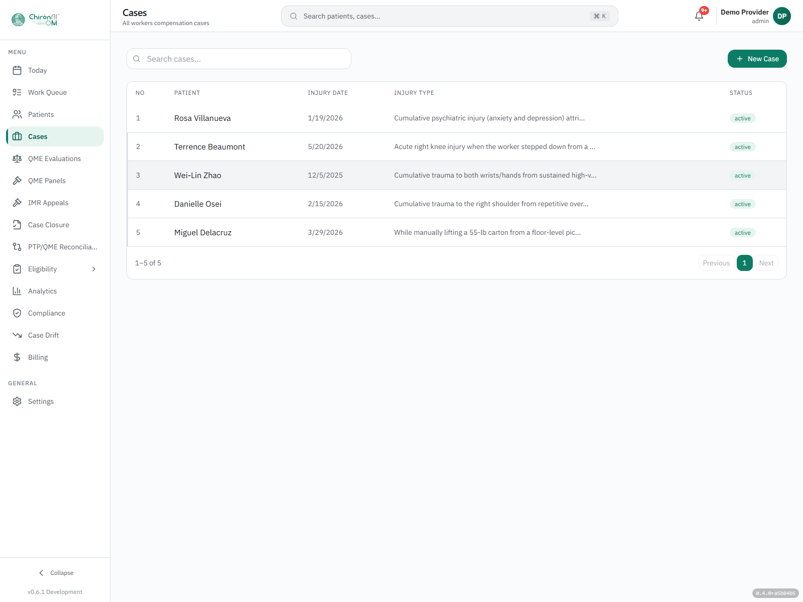 The OM caseload register — every workers’-comp claim in the practice on one screen, each with its patient, date of injury, injury type, and lifecycle status.