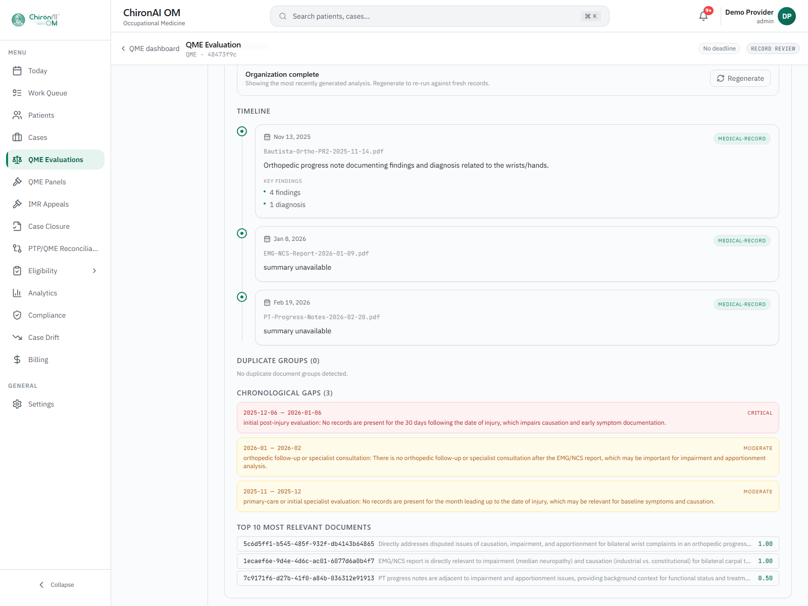 The OM QME evaluation — a structured, section-by-section QME report with the §4062 panel process and evaluation timelines tracked through the QME machinery.