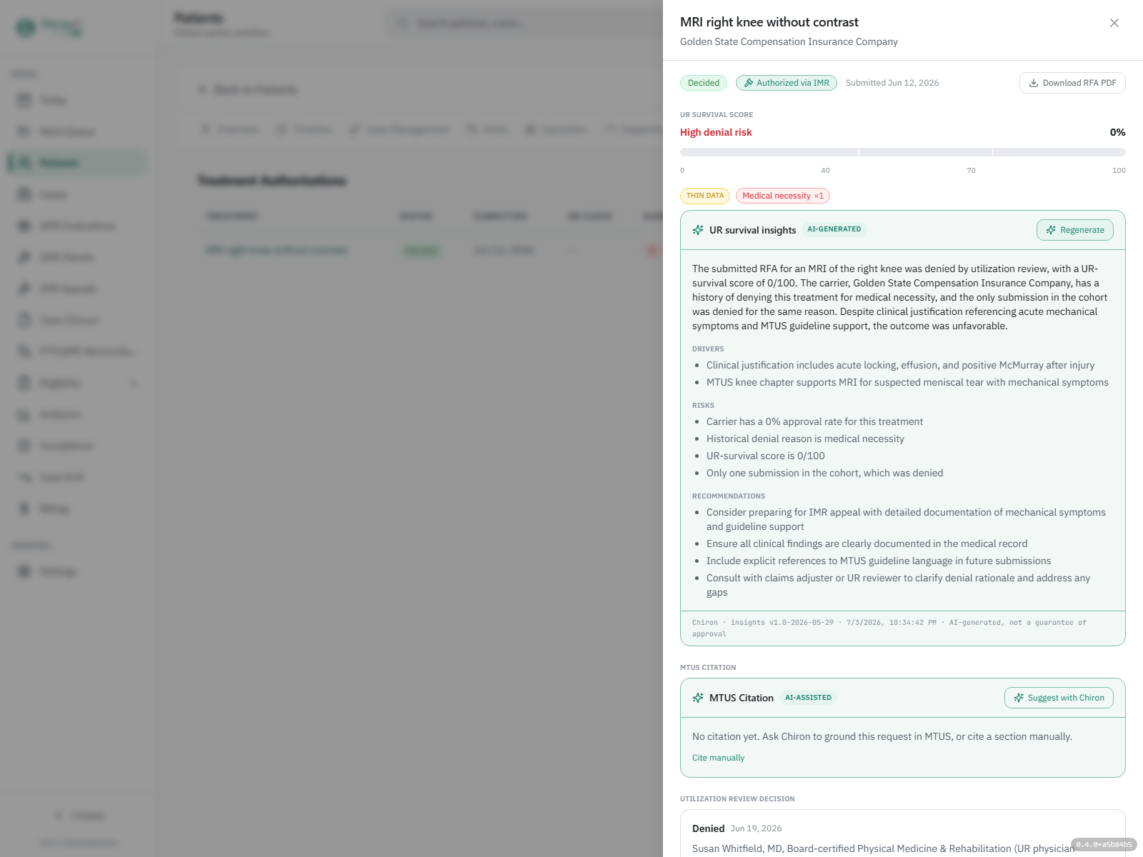 The OM utilization-review and IMR view — an RFA scored for denial risk before it goes out, with §4610 and §4610.5 timeframes tracked.